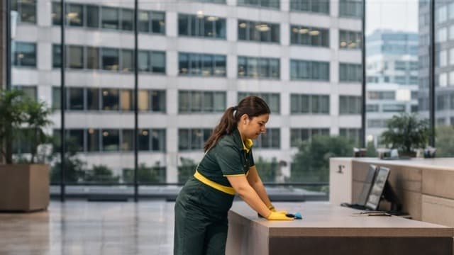 Clevara cleaner wearing gloves wiping a commercial reception surface